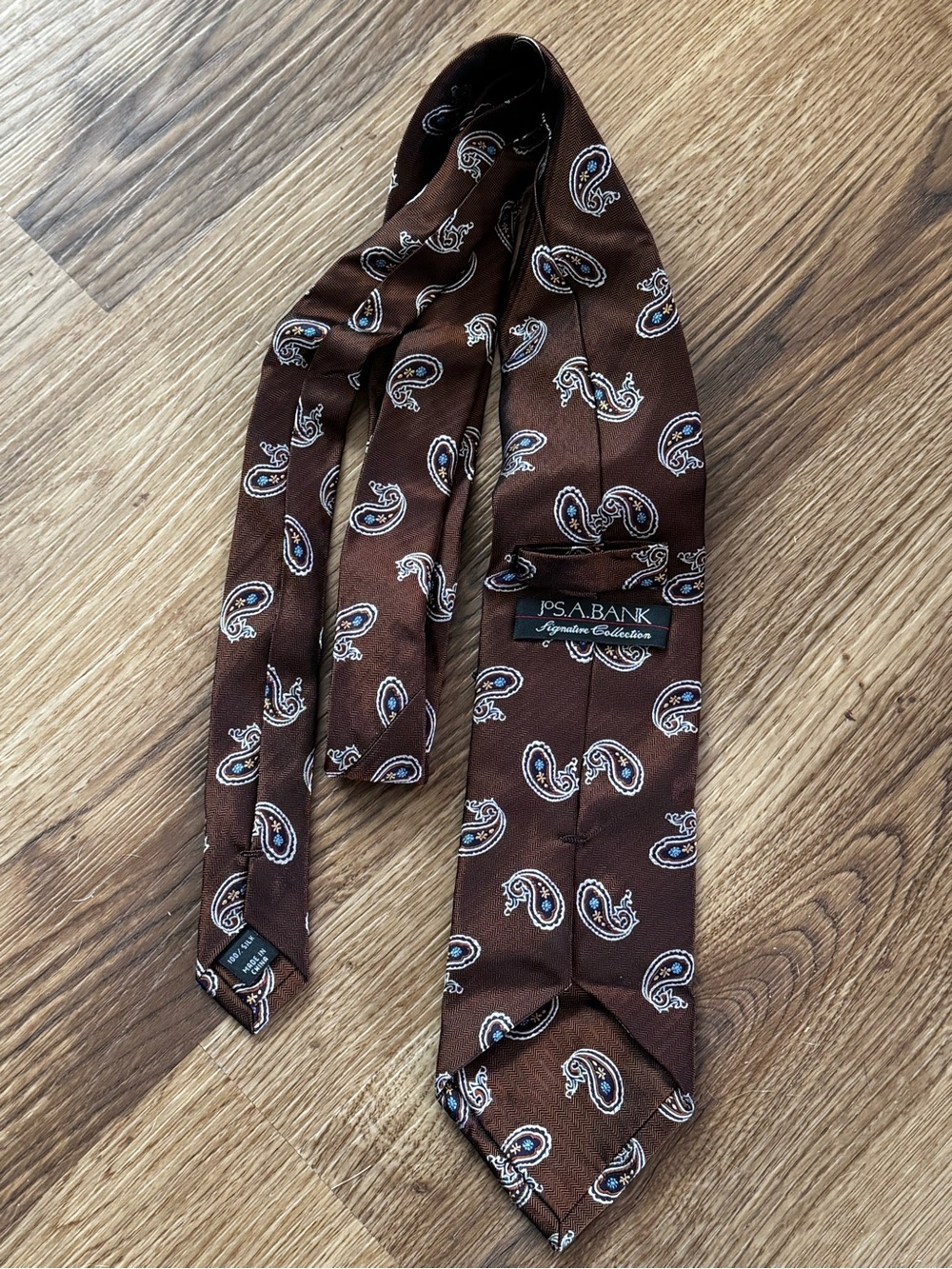 Jos. A. Bank Brown Paisley Silk-Feel Tie with White & Blue Accents - Picture 3 of 3